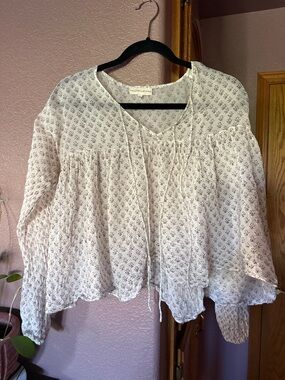 Daughters of India White Printed Boho Tie-Front Peasant Blouse